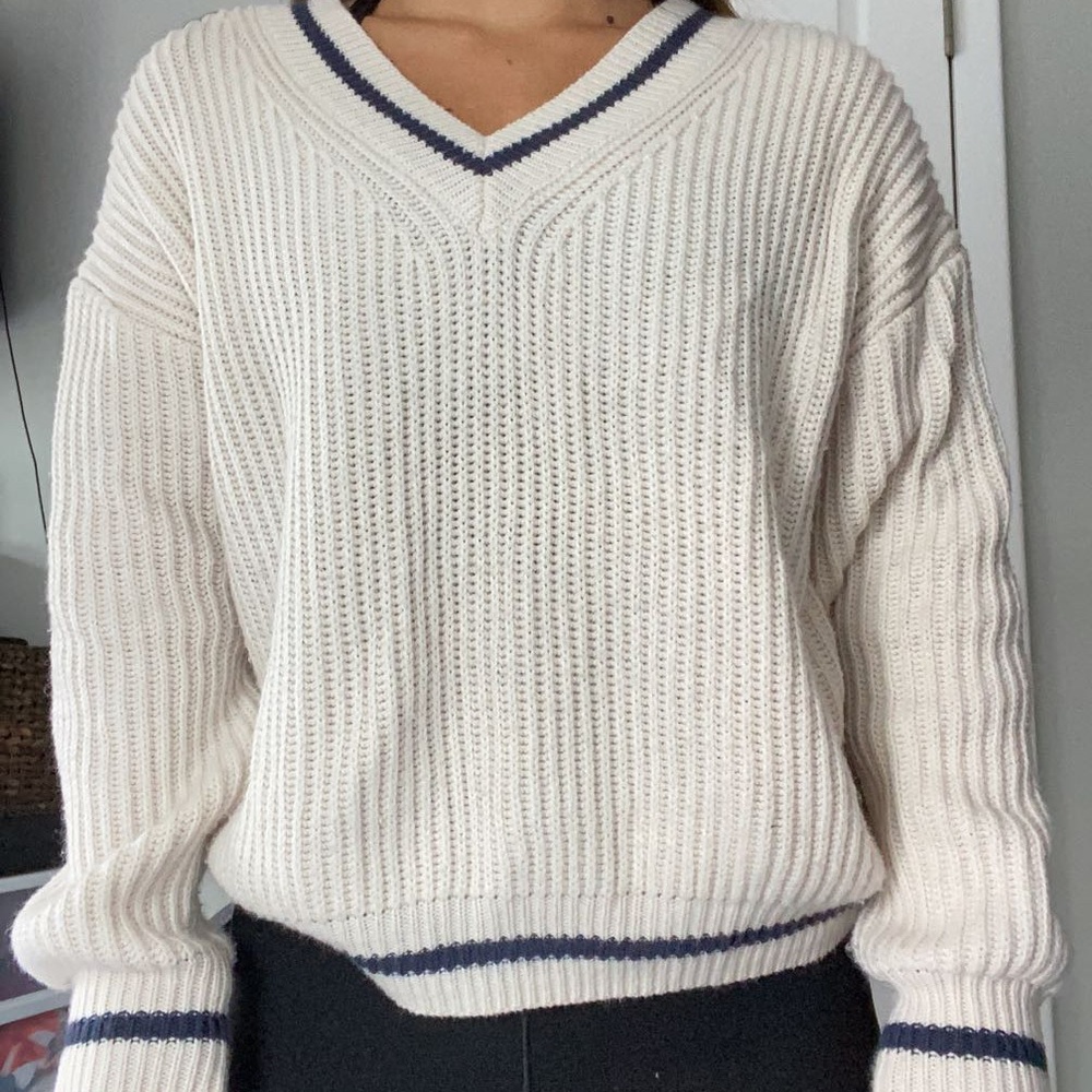 brand: shein.  size: s.  color: off white with navy blue stripes